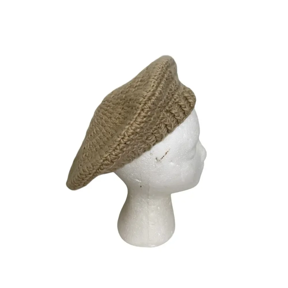 Vintage 1980s Khaki Brown Fall Winter Boho Knit Beret Hat OS - Picture 6 of 8